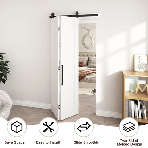 36 By 84 Inch Bifold Barn Door Single Panel Primed White Interior Sliding closet organizer in modern interior setting.