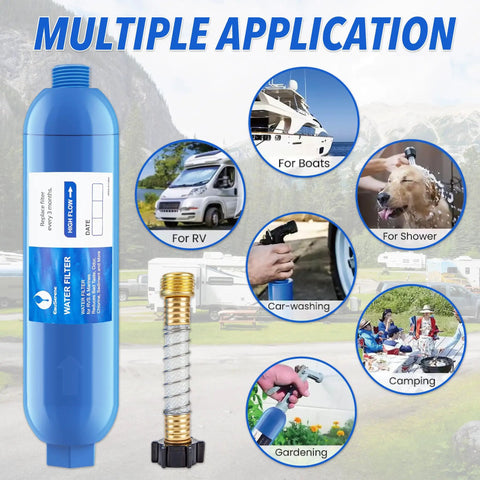 Straight Up Clean Hydration With This Rock Solid RV Water Filter Kit Featuring Advanced Inline Carbon Media And Flex Hose in use for various applications.