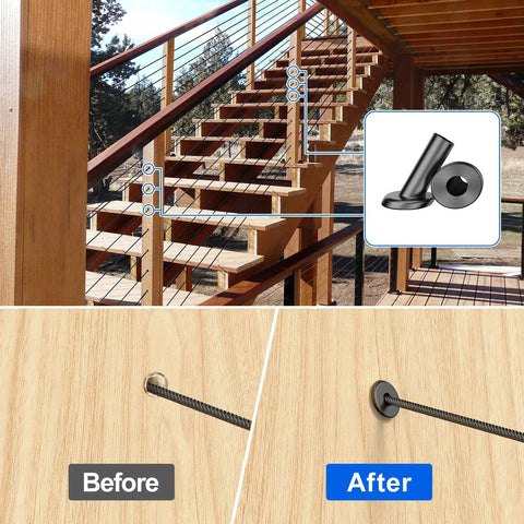 40 Pack Black 1/8 Inch Cable Railing Angle Beveled Protector Sleeves For Wood Posts, T316 Stainless, stair and post installation comparison