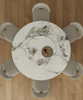 Top Tier 59 Inch Round Sintered Stone Dining Table With Faux Marble Top Easy Spin Lazy Susan view from above with chairs.
