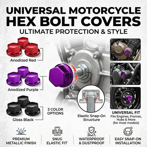 Badass Universal Motorcycle Bolt Covers in anodized red, purple, and gloss black; 30 pack hexagon metal engine nut caps for bikes.