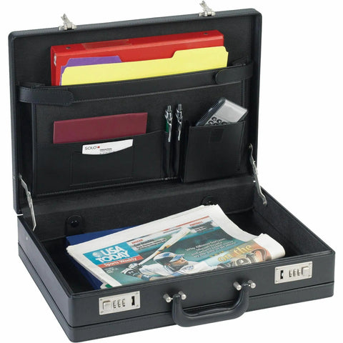 Premium Black Expanding Document Portfolio With Secure Combination Lock And Roomy File Compartments open, showing files and interior pockets.