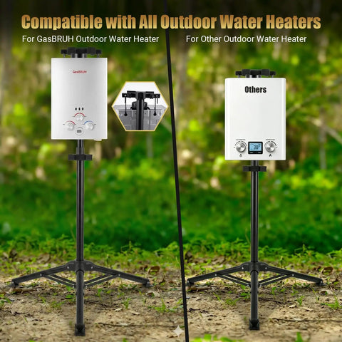 Heavy Duty Tripod Stand For Propane Tankless Water Heaters with Adjustable Folding Outdoor Water Heater Stand displayed outdoors.