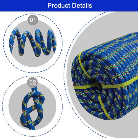 Heavy Duty 3/4 By 50 Foot Double Braided Polyester Arborist Rigging Rope showing coiled and knotted designs.