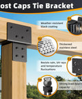 Stainless Steel Post To Beam Connector Bracket Set For Wood Posts 4x4 Actual 3.5 By 3.5 Inches 2 Pack Tie Bracket For Pergolas Gazebos Decks Porches Heavy Duty Black Secure Connection For Outdoor Structures installed on wooden post demonstrating durability and weather resistance features