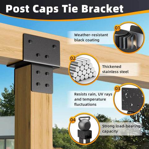 Stainless Steel Post To Beam Connector Bracket Set For Wood Posts 4x4 Actual 3.5 By 3.5 Inches 2 Pack Tie Bracket For Pergolas Gazebos Decks Porches Heavy Duty Black Secure Connection For Outdoor Structures installed on wooden post demonstrating durability and weather resistance features