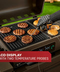 Heavy Duty Rolling Outdoor Kitchen Island Cart With Electric Griddle And Portable Bbq Grill cooking burgers with temperature probes on grill.