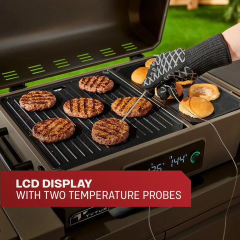 Heavy Duty Rolling Outdoor Kitchen Island Cart With Electric Griddle And Portable Bbq Grill cooking burgers with temperature probes on grill.