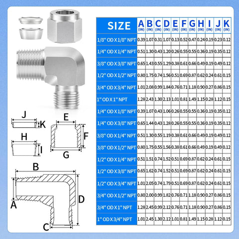Rugged 304 Stainless Steel Three Eighths Inch OD To Three Eighths Inch NPT Male 90 Degree Elbow Compression Tube Fitting 2-Pack