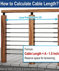 Diagram showing how to calculate cable length for railings, with swage lag screws for cable railing systems.
