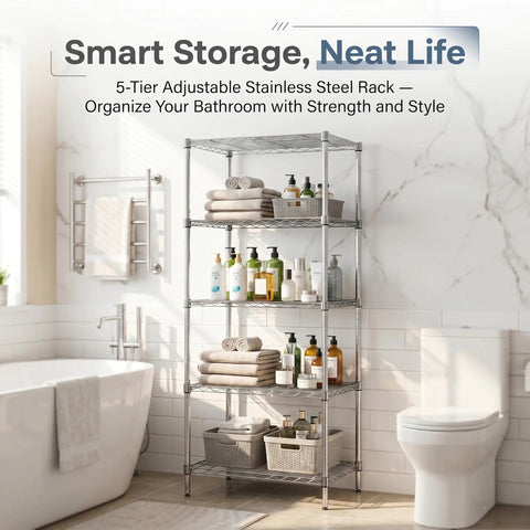 Built Like A Tank Heavy Duty Five Tier Wire Shelving Rack With Thick Steel Frame And Adjustable Chrome Pantry Shelves For Kitchen Laundry Home Storage Organization in a bathroom with towels and toiletries.