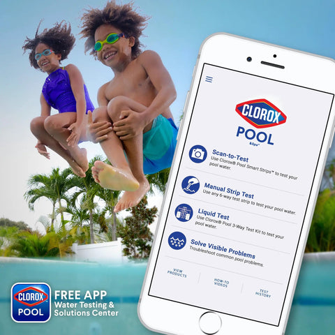 Children jumping into a swimming pool beside a phone with the Clorox Pool app, ensuring clean water maintenance.