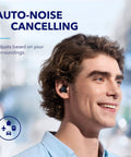 Person wearing Space A40 Adaptive Active Noise Cancelling Wireless Earbuds With Up To 98 Percent Noise Reduction, outdoor background.