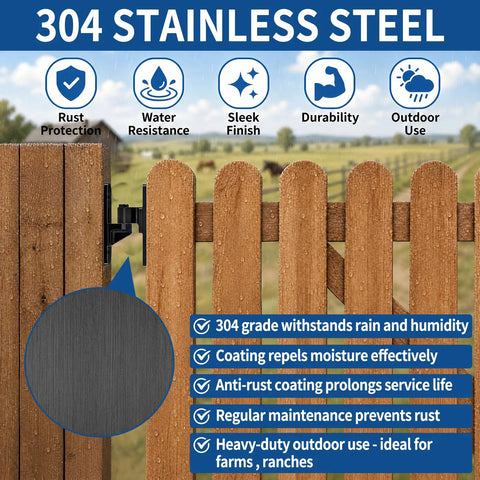 Heavy Duty Gate Hinges 2 Pack 304 Stainless Steel With Painted Coating Rock Solid Rust Resistant Outdoor Hardware Tough As Nails 5/8 Inch Pin with rain and wood fence backdrop