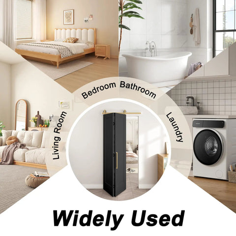 Ridiculously Tough 36 By 84 Inch Vinyl Wrapped Bifold Barn Door For Closet Pantry Laundry Room No Stress Setup Water Resistant Scratch Proof Modern Farmhouse Style Space Saving Slick Black Finish in various room settings.