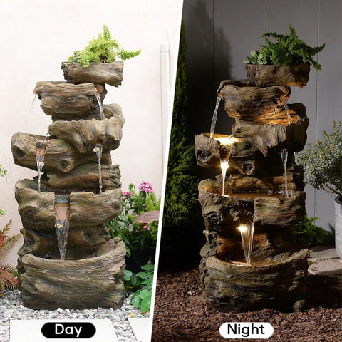 Outdoor Water Fountain With 5 Tiers Cascade Design Realistic Tree Trunk Style LED Lights For Garden Patio Tall 40 Inch