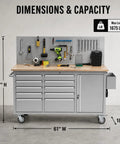 Heavy Duty Rolling Tool Chest With Ball Bearing Slides And Rock Solid Steel Workbench Storage Rack dimensions with tools and workspace.
