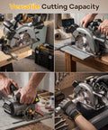 Six And A Half Inch Cordless Circular Saw Delivers Badass Cutting Force Through Double Four Ah Power Packs And Lightning Fast Charger in action cutting wood and metal.