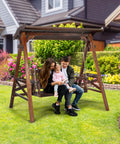 Porch Swing With Stand And Canopy, Waterproof Outdoor Patio Swing With Cup Holder in garden setting with family sitting