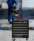 Heavy Duty Rolling Tool Chest With Six Roomy Drawers in a garage, supporting tools for mechanics, showcasing secure locking lid.