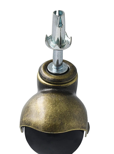 Four Pack Two Inch Antique Gold Ball Casters With Wood Stem Socket For Heavy Duty Sofa Table And Chair Furniture Swap Out Smooth Rolling Gliders Upgrade Hardware Kit close-up showing antique gold finish and black wheel.