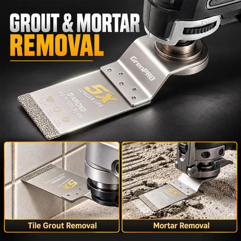 Heavy Duty Diamond Oscillating Saw Blades 4 Pack for grout and mortar removal with diamond blade tips shown in action.