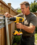 Man using Straight Up Heavy Duty Cordless Drill And Driver Featuring High Torque Motor And Hassle Free Quick Chuck on fence.