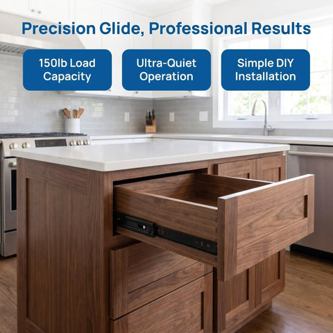 Bottom Mount Drawer Slides Soft Close Cabinet Glides Runs Like A Dream Silent Operation Replacement Runner Set No Sweat Diy Install Double Pack For Kitchen Drawers And Home Cabinetry in a kitchen cabinet with open drawer.