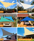 Pro Grade Sun Shade Sail Triangle 14Ft By 14Ft By 19.8Ft Dark Grey With Curved Edges 185GSM HDPE Outdoor Shade Cloth UV Blocking in various settings including patio, pool, and deck.