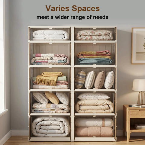 Extra Large White Plastic Collapsible Storage Bins With Tight Lids Five Tier Modular Drawer Cabinet filled with blankets and pillows.