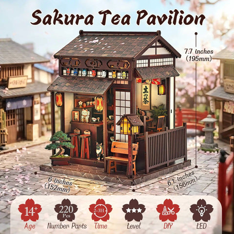 DIY Book Nook Kit Sakura Tea Pavilion 3D Wooden Puzzle Japanese Miniature House Kit For Adults And Beginners Bookshelf Insert Decor 220 Pieces 3 Hour Build