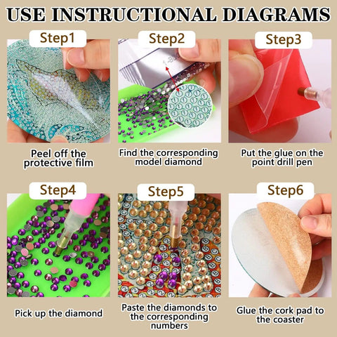 Step-by-step instructions for Diamond Art Coasters Kit For Adults Eight Piece Rose Diamond Painting Coaster Set With Holder