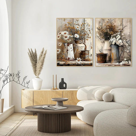 Floral Paint By Numbers Kit For Adults And Beginners Two Pack With Framed Canvases displayed on a living room wall.