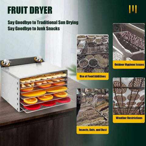 Badass Electric Food Dehydrator With Clear Tempered Glass Door And Stackable Stainless Steel Trays displaying dried fruits.