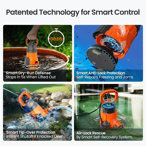 Quiet Quarter Horsepower Submersible Utility Pump With No Fuss Auto Water Sensor And Manual Mode, 2160 GPH High Flow, Thermoplastic displays smart control features