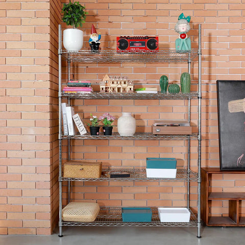 Heavy Duty 5 Tier Chrome Wire Shelving Rack Extra Tough Steel Storage Shelf Built Like A Tank Rust Resistant Pantry Organizer 48 Inch Wide filled with decor and storage boxes.