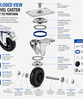 Exploded view of Set Of Four Five Inch Heavy Duty Caster Wheels Packed With Bully Solid Rubber Tires exposed components.