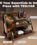 Solid Wood Phone Docking Station And Organizer For Men with slots for phone, watch, keys, and glasses in bourbon brown