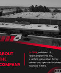 Aerial view of E-Z Lok warehouse with company details: division of Tool Components, Inc., family owned, founded 1956.