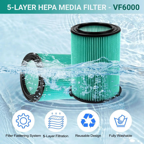 Replacement VF6000 Filter For 5 To 20 Gallon Wet Dry Shop Vacuums Heavy Duty Five Layer Pro Grade Filter submerged in water