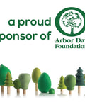 Abstract green wooden trees next to Arbor Day Foundation logo and sponsor message.