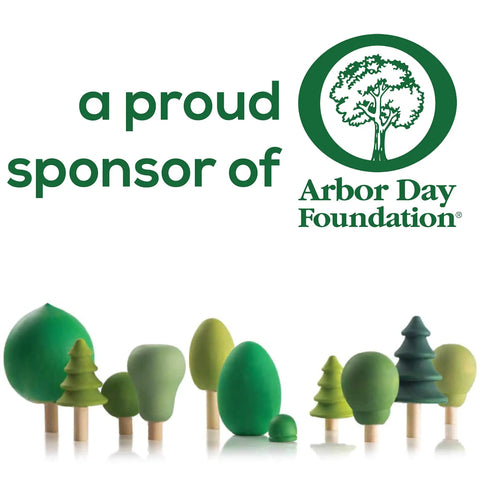 Abstract green wooden trees next to Arbor Day Foundation logo and sponsor message.