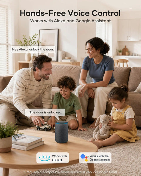 Family using Hassle Free Wifi Smart Front Door Lock Kit With Keyless Entry Deadbolt Handle, with voice control smart speaker.