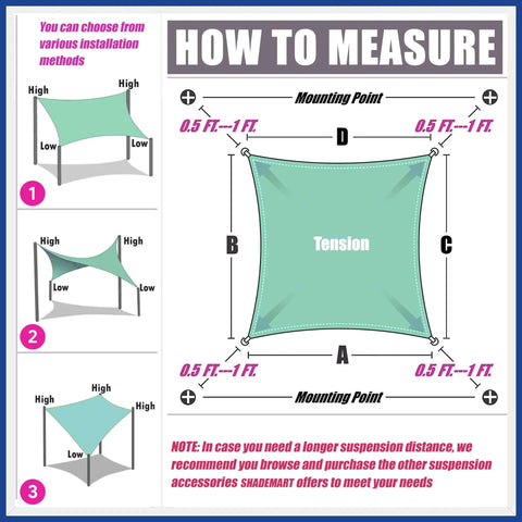 Beige 8 Foot By 12 Foot Rectangle Shade Sail Canopy installation guide showing measurement for mounting points and tension points.