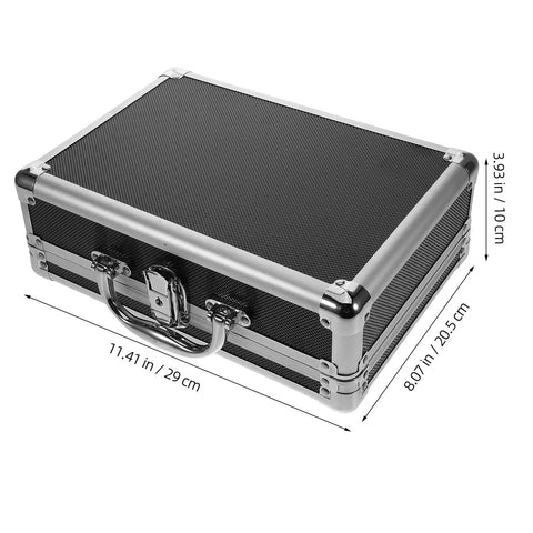 Rock Solid Portable Aluminum Alloy Toolbox With Lockable Handle And Ample Hardware Storage Featuring Sleek Modern Design, top view with dimensions.