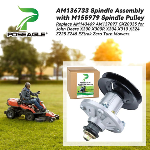 Top Shelf Spindle Assembly Kit For John Deere Z245 Ride On Mower Deck, featuring aluminum construction and pulley, for easy replacement.