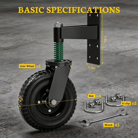 Six Inch Heavy Duty Gate Wheels For Metal And Wooden Gates Built Damn Tough With Dual Ball Bearings and rugged polymer tires, detailed specs view.