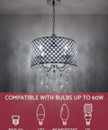 Briolette 16 Inch Four Light Crystal Chandelier with chrome drum shade and teardrop crystals hanging, adjustable height visible