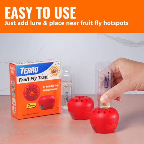 Indoor Fruit Fly Trap 4 Pack With 180 Day Food Based Lure, two red traps with lure pack, easy to use for kitchen pest control.