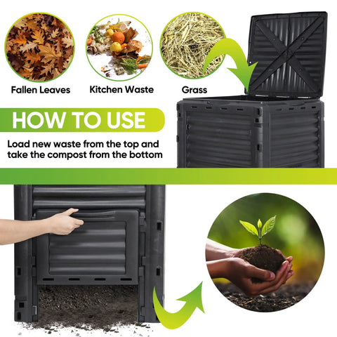 Outdoor 80 Gallon Compost Bin For Kitchen Scraps And Yard Waste Grab And Go Setup with images of leaves, waste, and soil process.